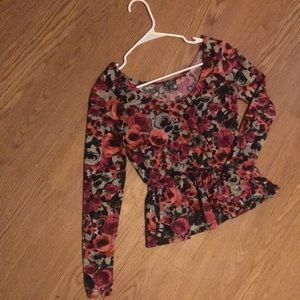 Long Sleeve, Rose Pattern, Peplum Top.